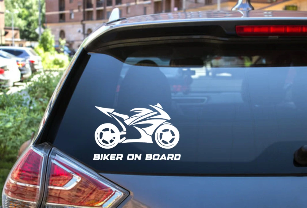 Samolepka Biker on board v.1 - bílá - 20 cm x 13-14cm