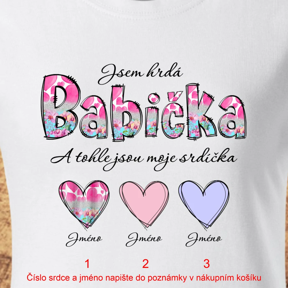 Tričko dámské Jsem hrdá babička  - srdce/květiny - světle šedý melír - dámské 2XL